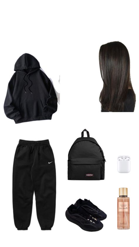 Outfit Inspo With Black Sweatpants, Cute Black Sweatpants Outfit For School, Fits With Black Sweatpants, Black Jogging Pants Outfit, Black Fit Ideas, Outfit Ideas With Joggers, Black Set Outfit, Black Crewneck Outfit, Outfit Ideas Collage