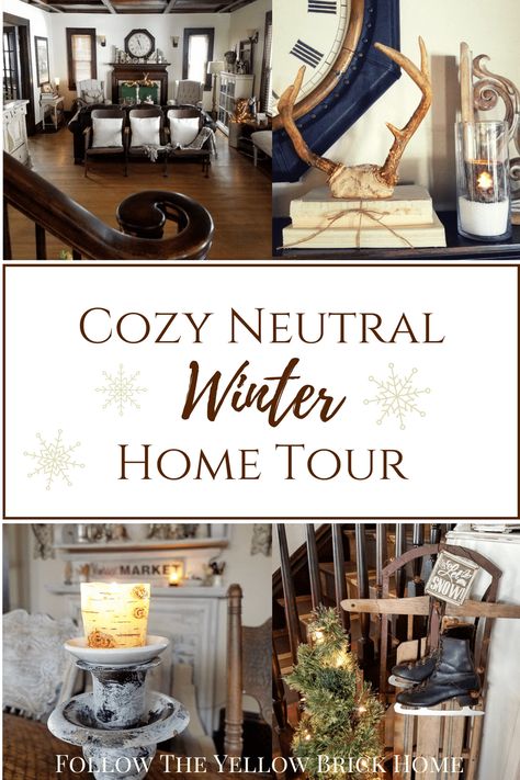 Looking for ways to decorate for winter with neutral home decor ideas? So many inspiring vintage vignettes and ways to style coffee tables, hutches and DIY fireplace inserts.   #winterdecor #neutralhomedecor #vintagedecoratingtips After Christmas Decorating Ideas, Neutral Winter Decor, Hygge Design, Yellow Brick Home, Cottage Style Home, Country Cottage Decor, Interior Decorating Styles, Winter Neutral, Brick Home