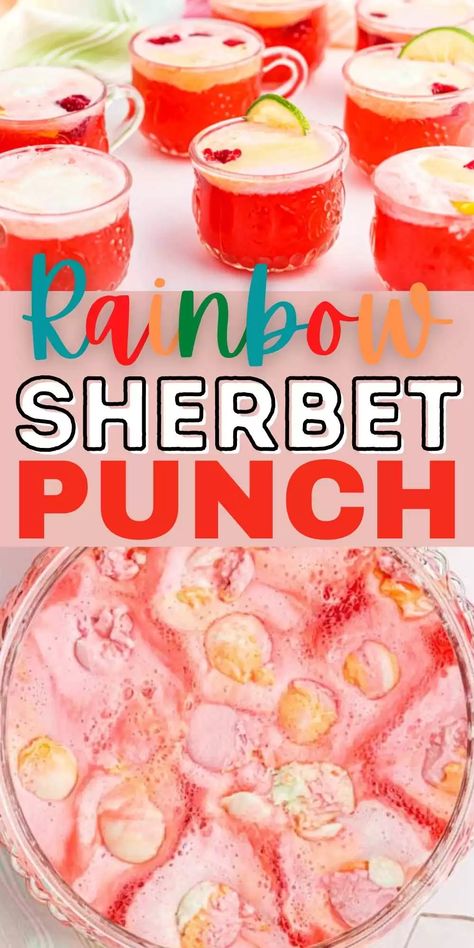 Rainbow sherbet punch has just 3 ingredients. It is a quick and easy party punch and so delicious for any occasion. This non alcoholic punch is easy to make with ginger ale or sprite. The entire family will love this adorable Rainbow Sherbet Punch recipe. #eatingonadime #punchrecipes #sherbetpunch #rainbowpunch #drinkrecipes Rainbow Sherbet Punch, Ginger Ale Punch, Ginger Ale Drinks, Sherbet Punch Recipes, Ginger Ale Recipe, Rainbow Punch, Easy Party Punch, Party Beverages, Sherbet Punch