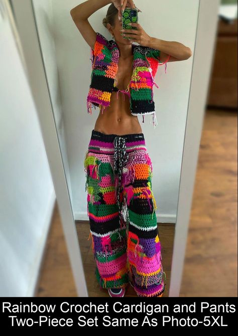 Rainbow Crochet Cardigan and Pants Two-Piece Set Same As Photo-S #crochet #ideas Rave Crochet, Crochet Bra Cup, 2025 Style, Crochet Jumpsuits, Crochet Outfits, Rave Fits, Crochet Men, Hippie Crochet, Crochet Bra