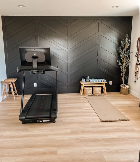 Simple Home Gym Basement, Small Basement Workout Space, Accent Wall Home Gym, Classy Home Gym, Home Gym With Tv, Home Gym In Basement, Gym Accent Wall, Small At Home Gym, Gym Basement Ideas