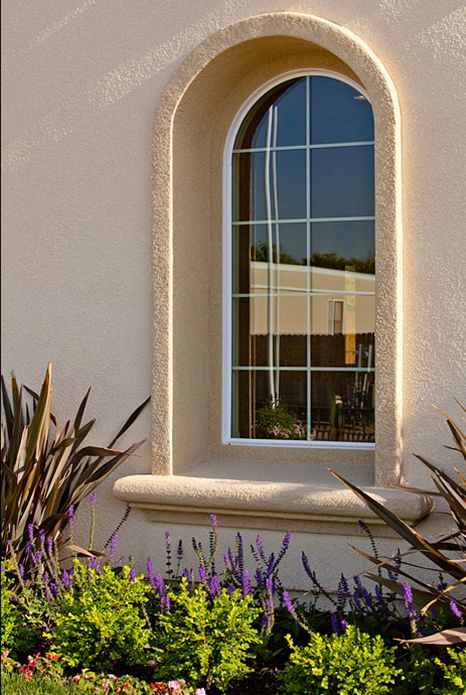 This recessed arched window is a subtle touch that enhances this European Country architectural elevation Goa Villa, Office Upgrade, Arch Molding, Window Designs, Architect Design House, Happy Valley, Ideas Casa, Windows Exterior, Dehradun