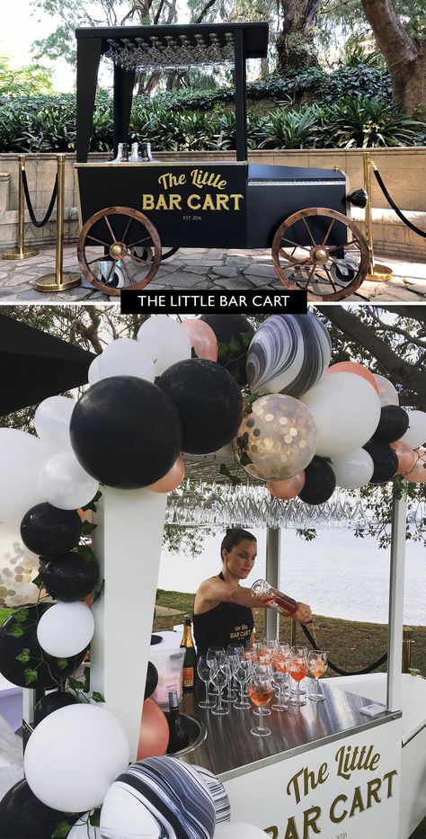 Find out even more info on "gold bar cart styling". Browse through our web site. Caravan Bar Wedding, Wedding Bar Cart Ideas, Mobile Bartending Ideas, Mobile Bar Decor, Wedding Bar Cart, Black And White Bar, Gold Bar Cart Styling, Foodtrucks Ideas, Prosecco Van