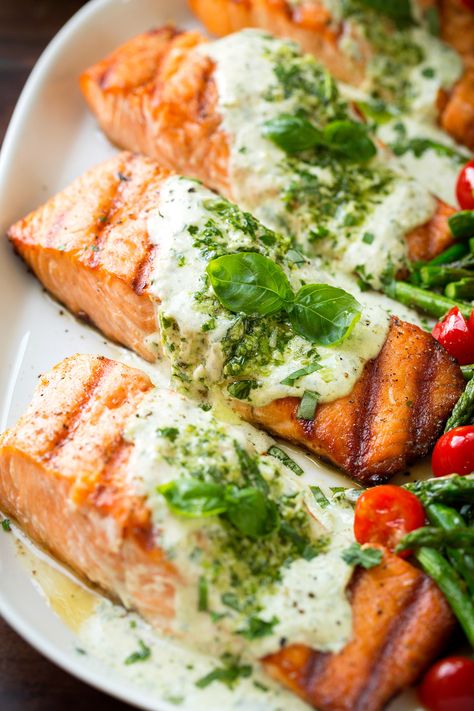 Grilled Salmon with Creamy Pesto Sauce - Cooking Classy