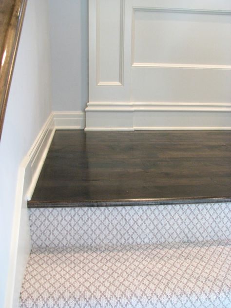 I mentioned in an earlier post  that we were having some work done on our stairs and in our upstairs hallway. This is a new house, but when ... Carpeted Stairs With Wood Landing, Backpack Area, Laminate Flooring On Stairs, Hallway Landing, Laminate Stairs, Upstairs Hallway Ideas, Hardwood Stairs, Hallway Flooring, Stair Landing