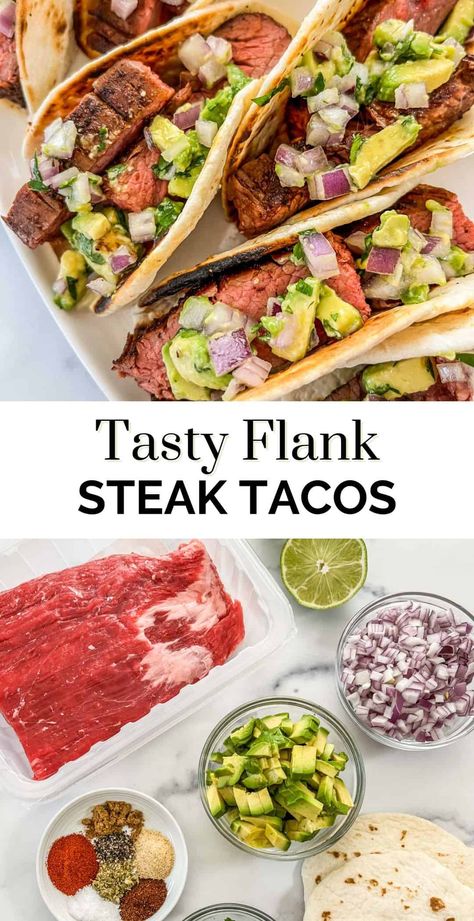 These delicious grilled flank steak tacos are the BEST steak tacos! They're tender, juicy, and robustly flavored with a seasoning mix and topped with a cilantro onion and avocado salsa. Authentic Mexican Street Tacos Steak, Seasoning For Steak Tacos, Steak Tacos Seasoning, Flank Steak Sheet Pan Dinner, Sirloin Tip Steak Tacos, Steak Tacos Air Fryer, Flat Iron Steak Tacos Recipes, Mexican Steak Seasoning, Baked Steak Tacos