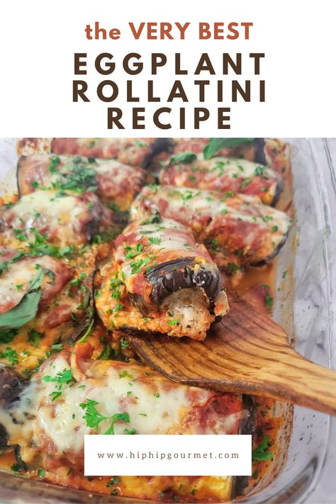 wooden spatula lifting up an eggplant rollatini out of a baking dish with the rest Eggplant Rollatini Recipe, Eggplant Rollatini, Gooey Cheese, Ooey Gooey, Eggplant Recipes, Ricotta Cheese, Marinara Sauce, Marinara, Oven Baked