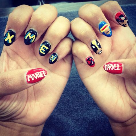 Chris Evans Acrylic Nails, X Men Nails Art, X Men Nails, Storm X Men Makeup, Rogue X Men Makeup, X Men Tattoo Ideas Marvel, Men Crafts, Avengers Nails, Men Nails