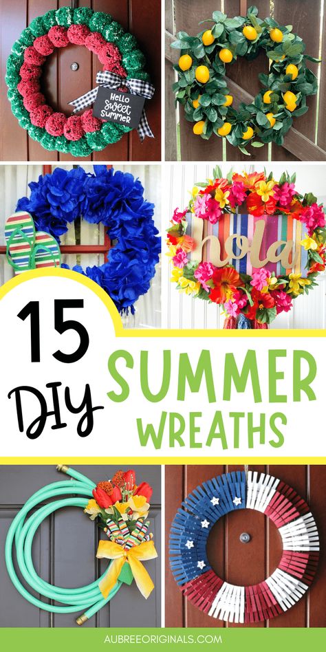 These DIY summer wreaths are the perfect addition to your front door this summer! Fun and easy summer crafts. Diy Summer Wreaths For Front Door, Spring Summer Wreaths Front Doors, Summer Wreaths Diy, Summer Wreaths For Front Door Diy, Easy Door Wreaths, Fun Summer Diy, Diy Summer Wreaths, Holiday Wreath Craft, Summer Wreath Ideas