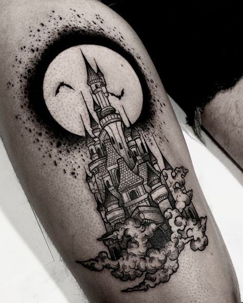 Castlevania Tattoo, Castle Tattoo, Spooky Tattoos, Gothic Tattoo, Home Tattoo, Dark Tattoo, Halloween Tattoos, Disney Tattoos, Blackwork Tattoo