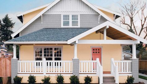 How to make your house fit in and look good | The Daily Gazette Gray Front Door Colors, Yellow Beach House, Gray Houses, Peach Cottage, Coral Door, Brown Front Doors, Orange Front Doors, Pink Front Door, Sherwin Williams Color Palette