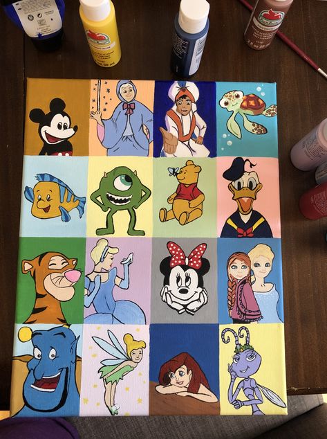 Sectioned Canvas Painting, Disney Collage Painting, Disney Collage Drawing, Cartoon Collage Painting, Disney Painting Ideas On Canvas, Character Art Painting, Character Painting Ideas, Disney Canvas Paintings, Cute Easy Paintings