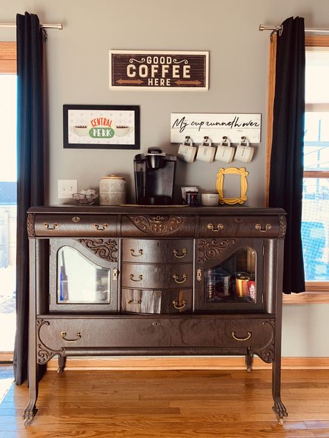 Vintage Buffet Coffee Bar, Buffet Cabinet Coffee Bar, Antique Desk Coffee Bar, Coffee Bar On Buffet Table, Classic Coffee Corner, Buffet Table Coffee Bar, Antique Buffet Coffee Bar, Vintage Coffee Bar, Antique Coffee Bar