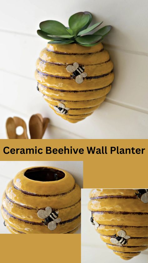 Ceramic Beehive Wall Planter, Spring 2024 Decor, Bee Decor, Home Decor, Spring Decor, Backyard Decor, Porch Decor, Beehive, Spring Bees. Bee Pottery Ideas, Beehive Tutorial, Ceramic Beehive, Silicone Crafts, Home Decor Spring, Ceramic Garden, Clay Sculpting, Crafts Room, Keyhole Hanger