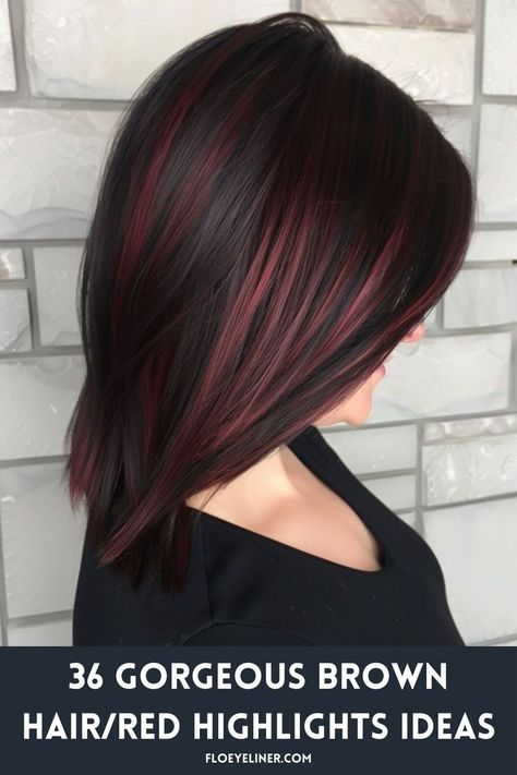 Dark Brown Hair With Red Highlights, Dark Brown With Red Highlights, Dark Red Highlights, Burgundy Brown Hair, Red Highlights In Brown Hair, Cherry Hair Colors, Burgundy Highlights, Red Hair With Highlights, Red Streaks