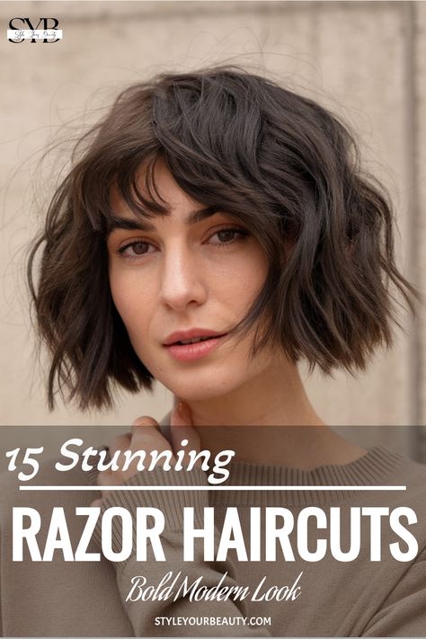 Razor cut wavy bob for a textured and bold hairstyle. Razor Haircuts For Women, Razor Cut Bob, Razored Bob, Razored Haircuts, Wavy Hairstyles Medium, Edgy Pixie Cuts, Curly Pixie Cuts, How To Cut Bangs, Wavy Bob