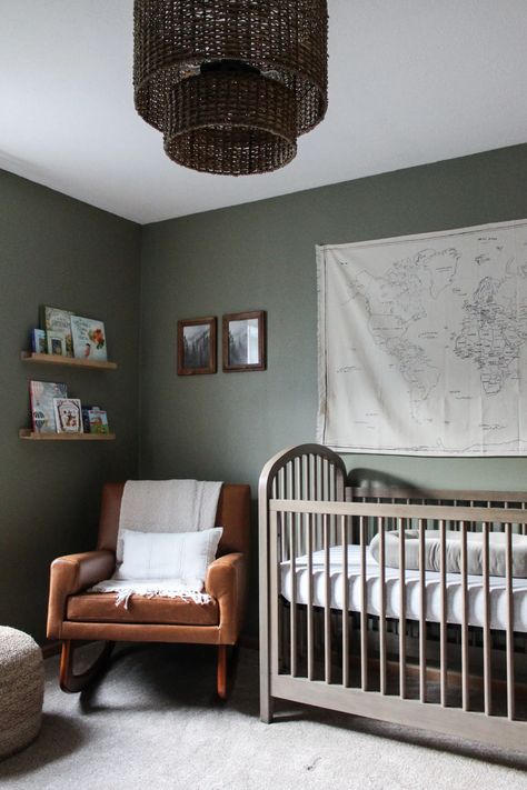 Green Nursery With Grey Crib, Green Color Nursery, Green Gray Brown Nursery, Gender Neutral Nursery Plants, Simplistic Nursery Gender Neutral, Gender Neutral Nursery Apartment, Green And Brown Nursery Gender Neutral, Gender Neutral Wall Art, Pewter Green Nursery