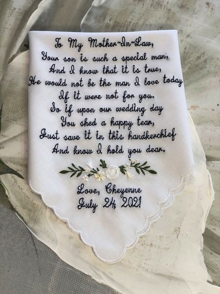 Ask a Real Bride: Sweet Ways to Honor Your Future In-Laws Mother In Law Wedding Gift, Mother In Law Wedding, Gift Mother In Law, Bridal Handkerchief, Embroidered Handkerchief Wedding, Mother Of The Groom Gift, Wedding Hankies, Wedding Gifts For Parents, Mother Of The Groom Gifts