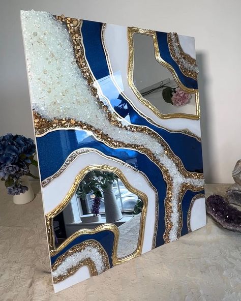 Blue and gold mirror geode wall art - Sold . Check out my website sonjaarroyoart.com for available art or dm for commission request… | Instagram Midnight Sparkle, Geode Wall Art, Seni Resin, Geode Wall, Geode Decor, Abstract Painting Diy, Glass Shards, Retail Store Interior Design, Blue Geode