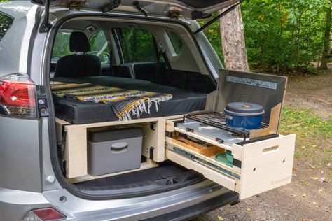 Suv Build Out, Suv Camping Build, Suv Conversion Camper, Nissan Rogue Camper Conversion, Nissan Pathfinder Camper Conversion, Car Camper Conversion Suv, Hatchback Car Camping, Rav4 Camper Conversion, Kia Sportage Camping