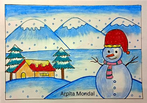 Winter Theme Drawing, Drawing For Kids Christmas, Christmas Drawings Beautiful, Christmas Drawing For Kids, Winter Scenery Drawing, Winter Drawings Easy, Scenery For Kids, Farm Theme Preschool Activities, Drawing Pictures For Kids