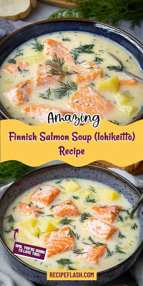 Indulge in the rich flavors of Finnish Salmon Soup (lohikeitto) with this easy recipe! Featuring fresh salmon, potatoes, and dill in a creamy base, this comforting dish is a must-try for salmon lovers. Elevate your salmon recipes with this warm bowl of deliciousness, perfect for any occasion! Finnish Salmon Soup, Salmon Potatoes, Salmon Soup, Finnish Recipes, Fresh Salmon, Salmon Bowl, Cold Nights, Hearty Meals, Recipe Collection