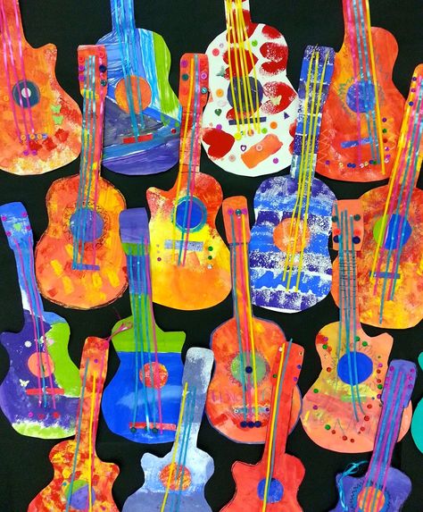 Beautiful 3rd/4th grade student examples!   EQ: Why is guitar-making important to the people of Paracho (Mexico)?   Hooray for Hispanic He... Hispanic Heritage Month Kindergarten, Hispanic Heritage Month Art Projects, Guitar Art Project, Guitar Collage, Hispanic Heritage Month Crafts, Inca Art, Hispanic Heritage Month Activities, Elementary Art Teacher, Third Grade Art