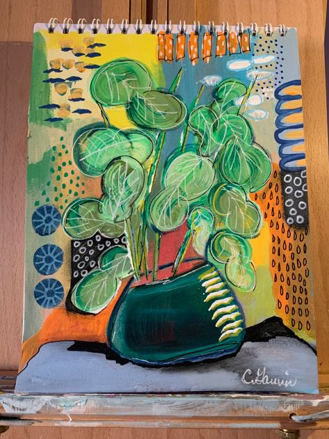 Green, blue, orange, yellow abstract flowers painting. Mixed media. Acrylic and marker marks. Janet Skates Art, Skate Art, Botany, Mixed Media Art, Mixed Media, Media, Acrylic Painting, Sketch Book, Art