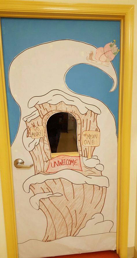 PreK Christmas door: The Grinch's lair on Mt. Crumpit (coworker's door was the archway to Whoville) Grinch’s Lair Door, Mt Crumpit Decorations, Diy Grinch Lair, Mount Crumpit Door Decorations, The Grinch Lair, Grinch Lair Door, Grinches Lair Door, Grinch’s Lair, Grinchs Lair