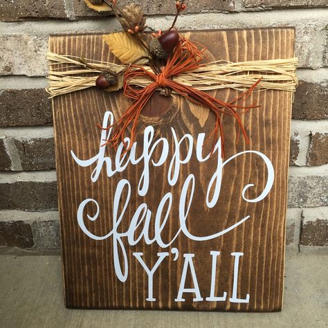 Autumn Diys, Happy Fall Yall Sign, Farmhouse Diys, Fall Wood Crafts, Fall Acorns, Fall Wood Signs, Thanksgiving Decorations Diy, Fall Sign, Wooden Pumpkins