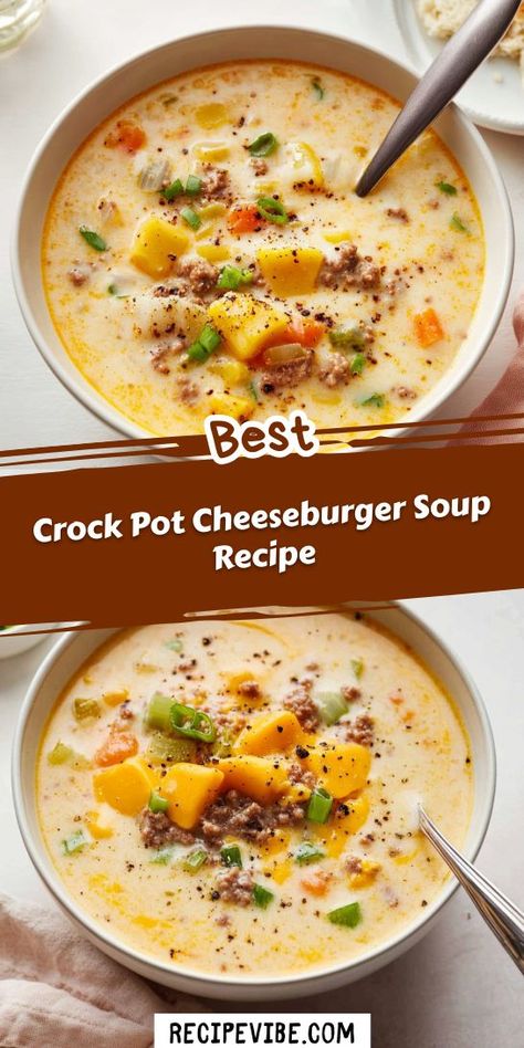 Savor the taste of a classic cheeseburger in soup form! Our Crock Pot Cheeseburger Soup Recipe features ground beef, veggies, and melty cheese for ultimate comfort food. Easy to prepare and perfect for meal prep, this soup will become a family favorite. Get the recipe and warm up today! Cheeseburger Soup Crockpot, Cheeseburger Soup Recipe, Ground Beef Crockpot Recipes, Easy Crockpot Soup, Cheese Burger Soup Recipes, Beef Soup Recipes, Soup With Ground Beef, Chowder Soup, Cheeseburger Soup