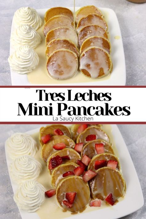 Mini Pancake Dessert Ideas, Tres Leches Pancakes Ihop Recipe, Mexican Breakfast Dessert, Pancake Dessert Ideas, Mini Pancake Bar, Pancake Treats, Mini Pancakes Business, Mini Pancakes Ideas, Aqua Frescas