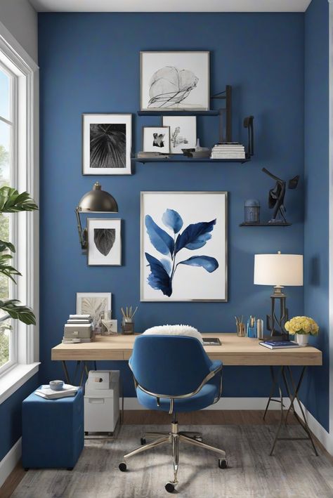 Experience the soothing harmony of Blue Note (2129-30) through the best color combinations of 2024, designed for daily interior routines with musical inspiration. #Ad #homedecor #homedesign #trendgirlApartment #Painthome #interiorarchitecture Wall Colors Green Room Colors Bright Room office Colors Apartment Renovation Home office Remodeling Modern Paint Colors 2024 Blue Accent Office, Blue Office Furniture, Home Office Ideas Blue, Blue Wall Office Ideas, Blue Office Aesthetic, Blue Accent Wall Office, Office Colors Ideas, Office Painting Ideas, Blue Study Room