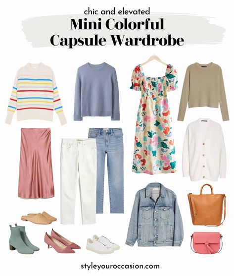 Artsy Capsule Wardrobe, Colorful Capsule Wardrobe, Capsule Wardrobe Checklist, Character Vibes, Neutral T Shirts, Colorful Wardrobe, Capsule Wardrobe Outfits, Spring Capsule Wardrobe, Summer Capsule Wardrobe