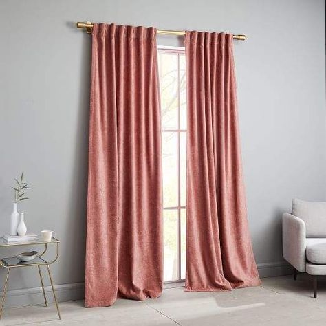 west elm Worn Velvet Curtain - Pink Grapefruit Pink Velvet Curtains, Ideas Armario, Tables Set, Living Room Decor Curtains, Floral Curtains, Room Planning, Velvet Curtains, Farmhouse Bedroom, Curtain Designs