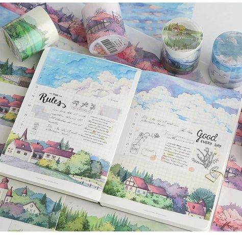 Forest Victoria Town Cherry Blosso Roll Stationery Washi Tape Scrapbooking Paper Sticker DIY Craft Adhesive Decoration Supplies|Craft Paper| - AliExpress Paper Decorations Drawing, Washi Tape Journaling, Sticker Journaling Ideas, Journal Decoration, Bullet Journal Cover Ideas, 동화 삽화, Bullet Journal Paper, Sticker Decoration, Bullet Journal Aesthetic