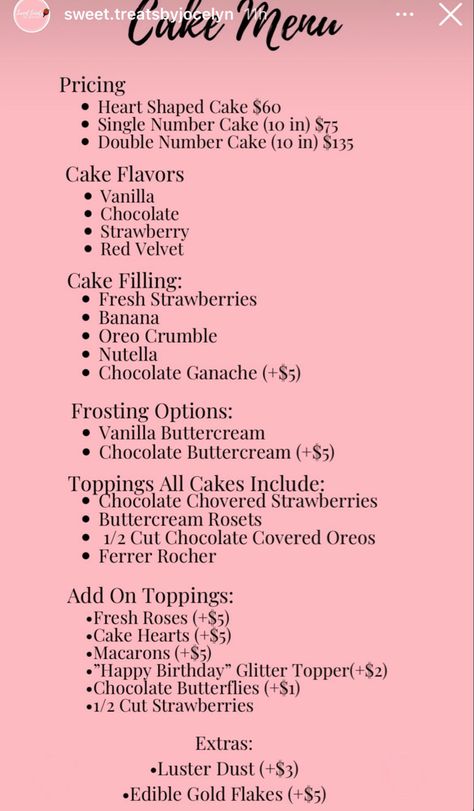 Home Baker Menu Ideas, Baking Business Menu Ideas, Chocolate Covered Treat Prices, Baking Small Business Ideas, Bakery Ideas Business, Treat Pricelist, Treat Maker Business, Cupcake Price List, Treats Price List