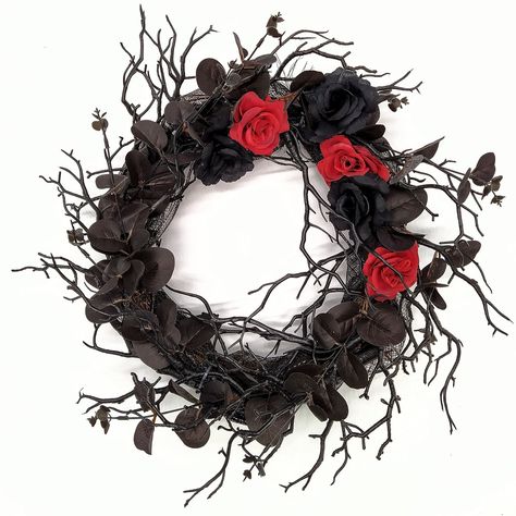 Black Halloween Wreath, Red Rose Wreath, Halloween Door Wreaths, Casa Halloween, Black Wreath, Autumn Wreaths For Front Door, Swag Wreath, Twig Wreath, Hanging Garland