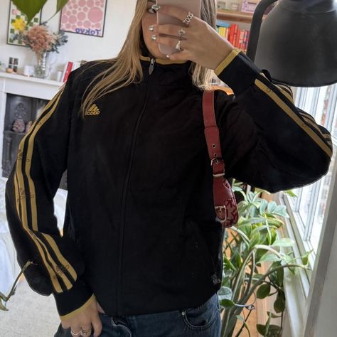 Vintage track zip up jumper / sweatshirt 
adidas... - Depop Adidas Jumper, Zip Up Jumper, Sweatshirt Adidas, Gold Stripes, Adidas Black, Black Adidas, Black And Gold, Zip Ups, Jumper