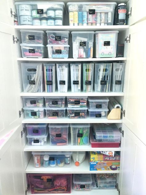 Organization Ideas For Office Supplies, Art And Craft Storage Cabinet, Arts And Crafts Cupboard, Organize Office Supply Cabinet, Art Supplies Storage Closet, Arts And Crafts Office, Stationary Cupboard Organisation, Billy Bookcase Art Supplies, Office Supply Cabinet Organization