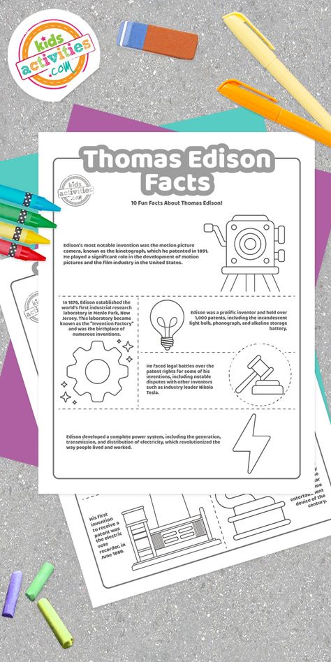 If you have a little one interested in science and inventions, then we have the perfect Thomas Edison facts coloring pages for you! Thomas Edison Project, Thomas Edison Activities, Thomas Edison Inventions, Edison Inventions, Factory Lighting, Menlo Park, Thomas Edison, Facts For Kids, Motion Picture