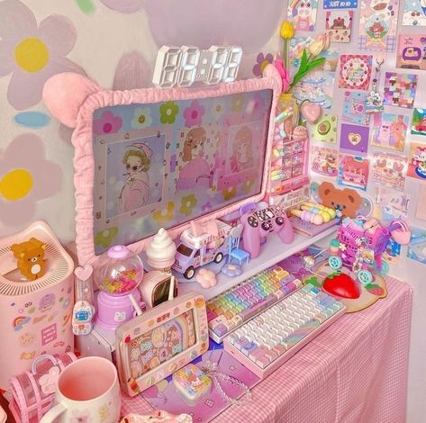 Kawaii Room Ideas, Hello Kitty Bedroom, Kiki Lala, Kaito Vocaloid, Soft Kidcore, Images Hello Kitty, Study Desk Decor, Cool Room Decor, Pastel Room