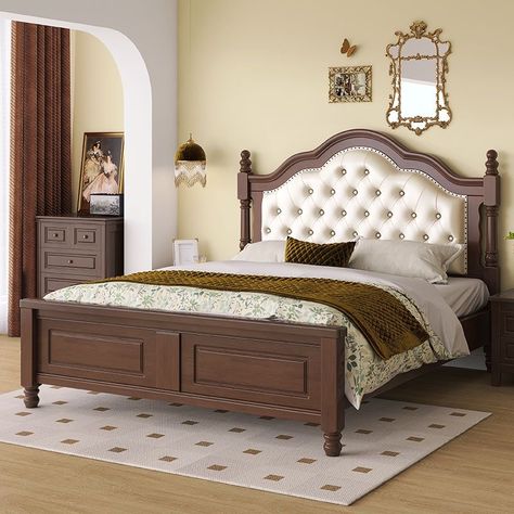 Vintage Bed Frame Wooden, Wooden Bed Design Modern Luxury, Wooden Bed Design Modern Simple, Royal Bedrooms, Luxury Wooden Bed, Solid Wood Bed Design, Brown Wood Bed, Elegance Bedroom, Lcd Design