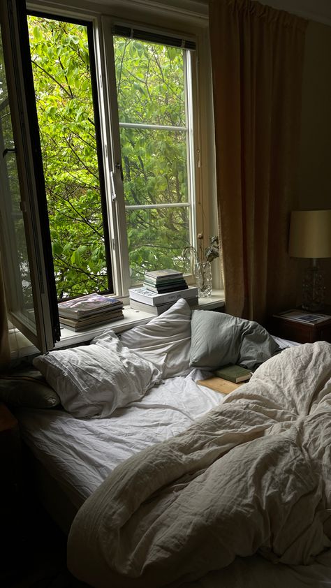 Cozy Bed By Window, Window Inspo Bedroom, Bedroom Idea With Window Behind Bed, Bedroom With A Window Behind Bed, Bed Near Window Aesthetic, Bed From Above View, Bed Infront Of A Window Aesthetic, Bedroom With 2 Windows Behind Bed, Bed In Window Nook