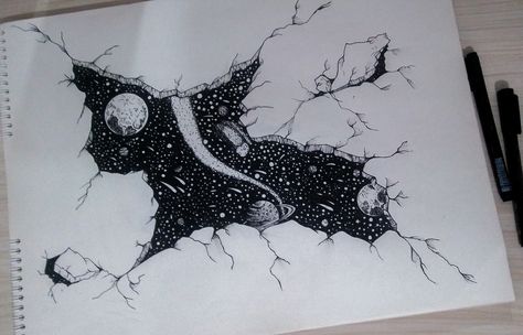 Outer Space Tattoos Black And White, Galaxy Drawing Black And White, Galaxy Pencil Drawing, Space Drawing Galaxies Pencil, Universe Tattoo Galaxies Black And White, Multiverse Drawing, Outer Space Sketch, Doodles Plants, Galaxy Black And White