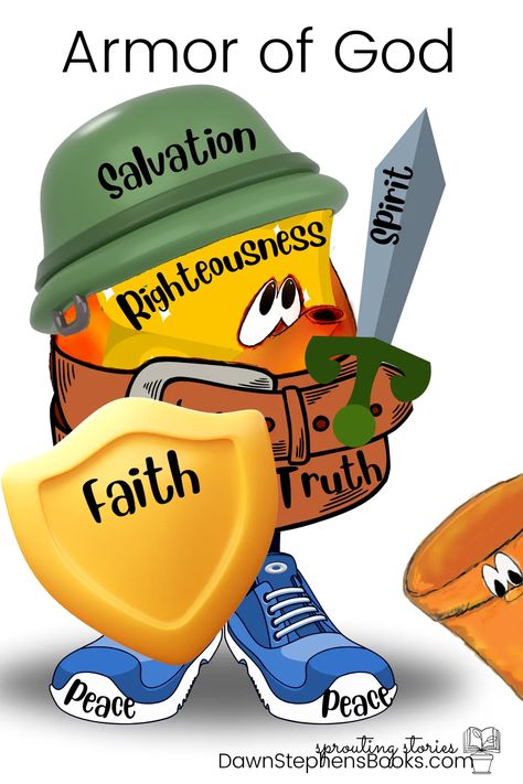 The belt of truth, the breastplate of righteousness, the shoes of peace, the shield of faith, the helmet of salvation, and the sword of the Spirit. Wondering what these are? Discover the potent tools of spiritual warfare vital to combating the forces seeking to weaken your spiritual fruit. #ArmorofGod #christianteachingresources #inspirationalchildrensbooks #biblestudymaterials #biblelessonsforkids #littlepot #teapot #dawnstephensbooks #fruitofthespirit #spiritualwarfare Shoes Of Peace, The Belt Of Truth, Breastplate Of Righteousness, Bible Study Crafts, Bible Cartoon, Vacation Bible School Themes, Bible Tools, Bible Study Materials, Helmet Of Salvation