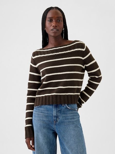 Sweater Brown, Brand Collaboration, Boatneck Sweater, Brown Sweater, Cropped Sweater, Boat Neck, New Woman, Baby Toddler, White Stripe