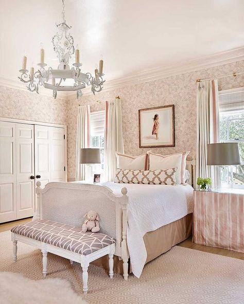 White French Cane Poster Bed with Pink Skirted Bedside tables - Transitional - Girl's Room Ashley Gilbreath Interiors, Ashley Gilbreath, Girls Room Curtains, Pink Bedroom For Girls, Pink Girl Room, Fantasy Bedroom, Victorian Bedroom, Feminine Bedroom, Big Girl Rooms