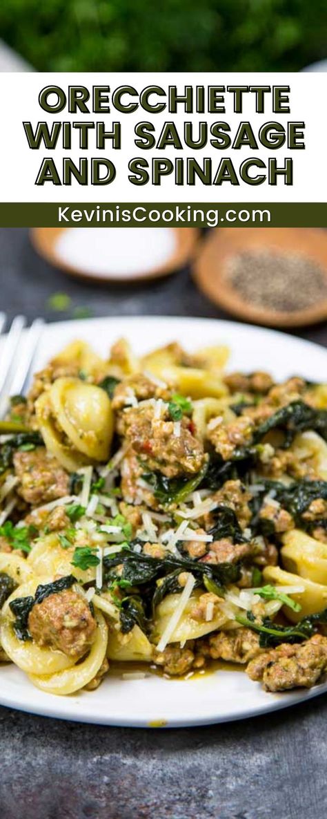 A simple, rustic pasta combined with a spicy sausage and pesto makes for a quick and easy mid-week dinner. What’s even better is this Orecchiette with Sausage and Spinach sneaks in a vegetable like spinach to round out a complete meal. Your kids won’t even know it’s in there. Main Dishes With Spinach, Pesto Sausage Recipes, Sausage And Spinach Recipes For Dinner, Baked Pasta With Sausage And Spinach, Chicken Sausage And Spinach Pasta, Oriecchete Pasta Recipes, Orichette Sausage Spinach, Sausage And Pesto Pasta, Pesto Pasta With Sausage