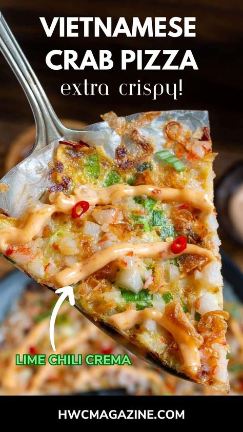 Say hello to your new favorite rice paper snack! Grilled Vietnamese Crab Pizza (Bánh Tráng Nướng) is made with gluten-free imitation crab, lime chili mayo on a crispy rice paper crust. Ready in 5 Minutes! Eat it on the go folded over like a Vietnamese quesadilla or like a traditional pizza. Gluten Free Crab Recipes, Vietnamese Pizza Rice Paper, Rice Paper Quesadilla, Crab Quesadilla Recipe, Rice Paper Pizza, Vietnamese Appetizers, Crab Pizza, Vietnamese Pizza, Crispy Rice Paper